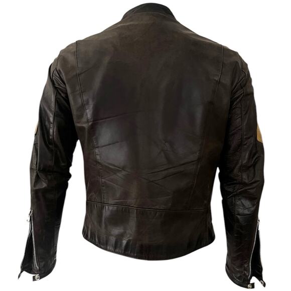 Just Collection Brown Leather Motorcycle Jacket Cafe Racer Biker Style Full Zip - Picture 2 of 5